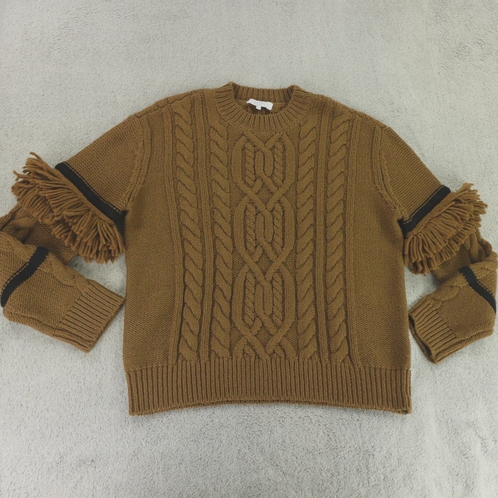 Pearl Lela Rose Sweater‎ Brown Cable Knit Fringe Detail Wool Blend